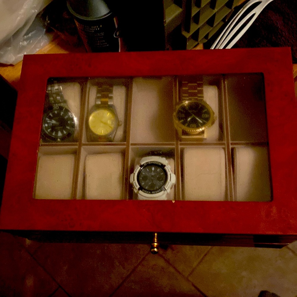 COPY - A very expensive watch holder holds ten watches and brackets in drawers
